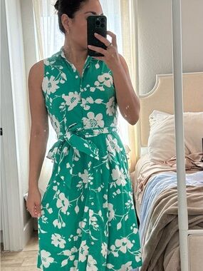 J. Crew Green and White Floral Sleeveless Midi Dress